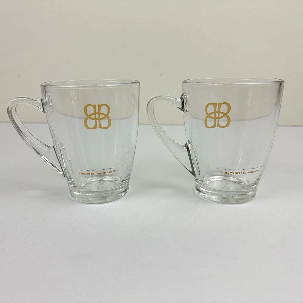 Baileys Glass Mugs Set of 2‎ Irish Cream Handled 8 oz w/ Fill Line Clear Barware